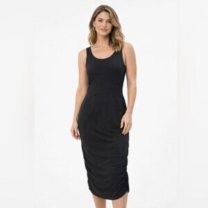 Athleta Black Ruched Midi Tank Dress, Built-In Bra, Minimalist, Cocktails Chic S
